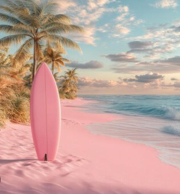 Surfboard standing on a calm pink-sand beach